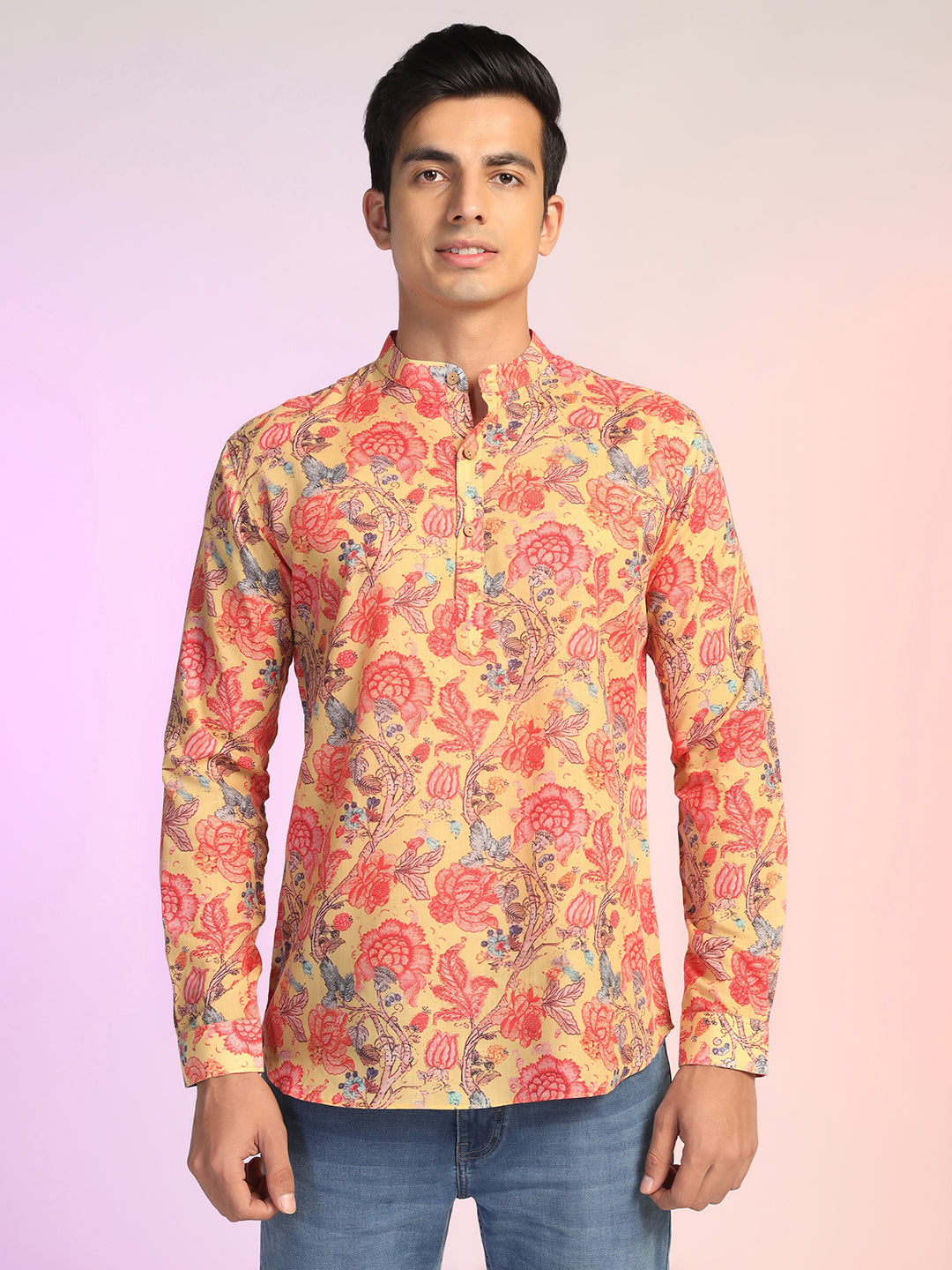 Rayon Floral Short Kurta For Men – Fusion Wear for Effortless Style