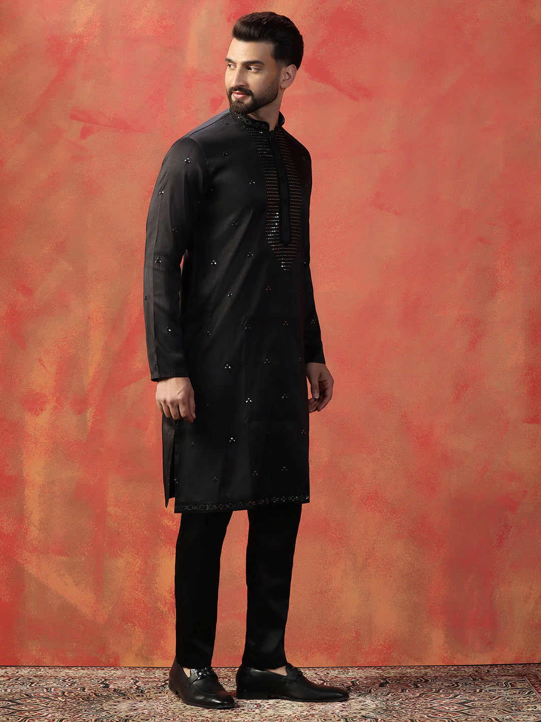 Kurta Trouser Set for Men – Black Heavy Mirror Work Design with Intricate Embroidery