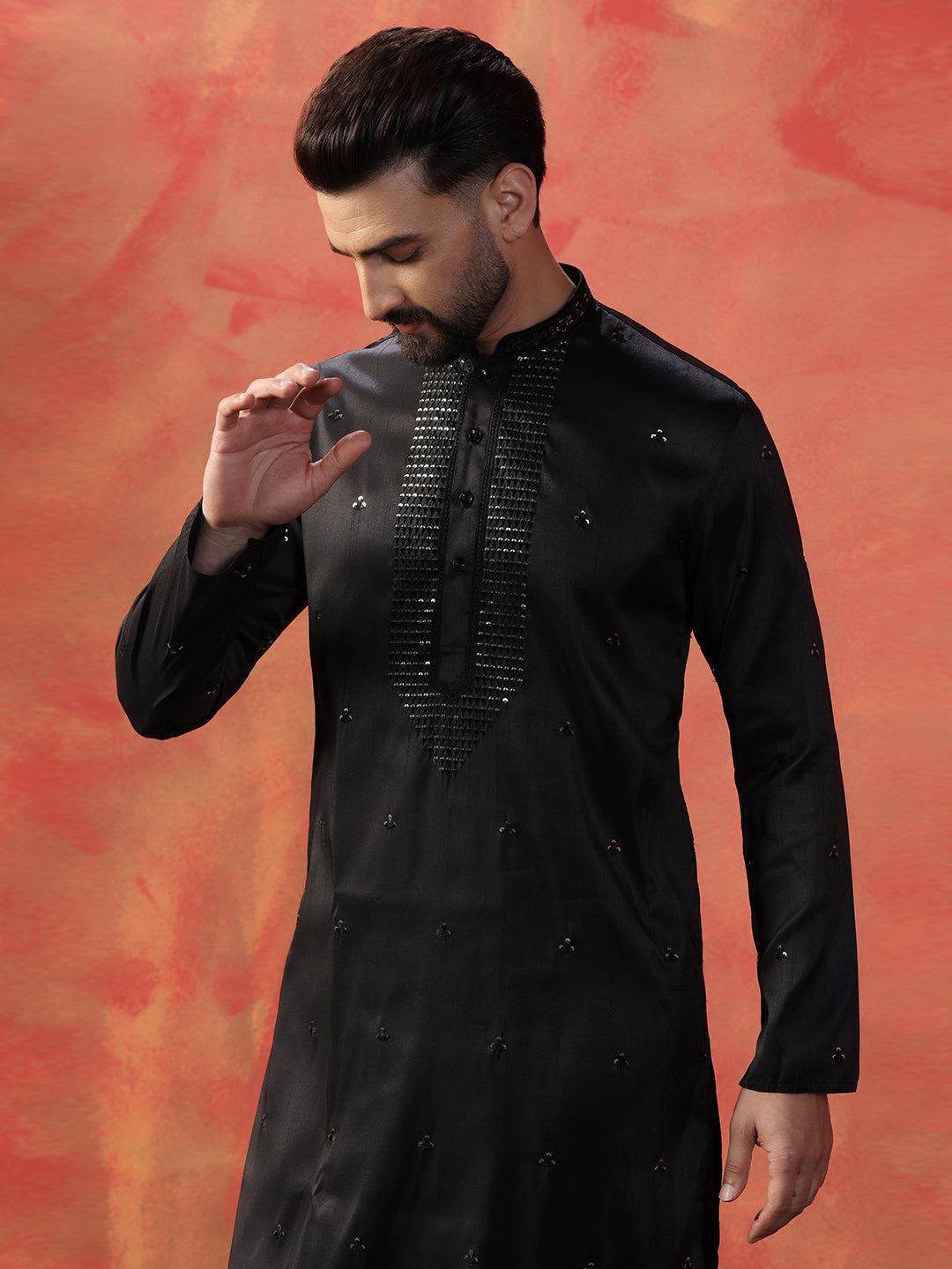 Kurta for Men – Black Heavy Mirror Work Design with Intricate Embroidery