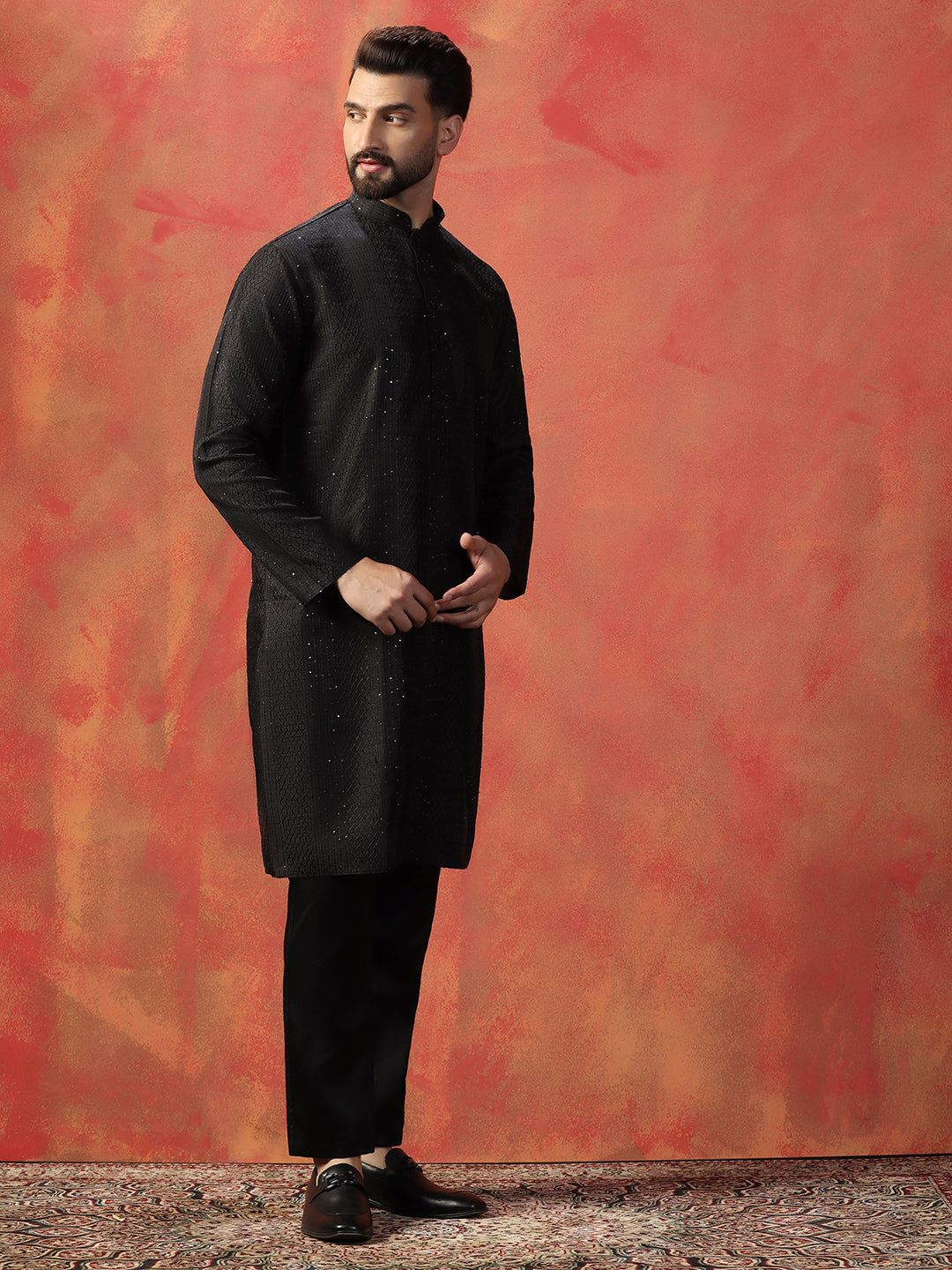 Black Thread Work Kurta Trouser Set For Men In Bangalore Silk