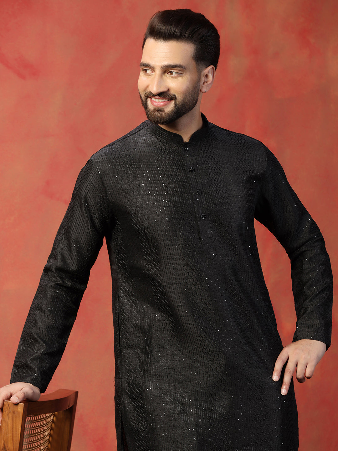 Black Thread Work Kurta For Men In Bangalore Silk
