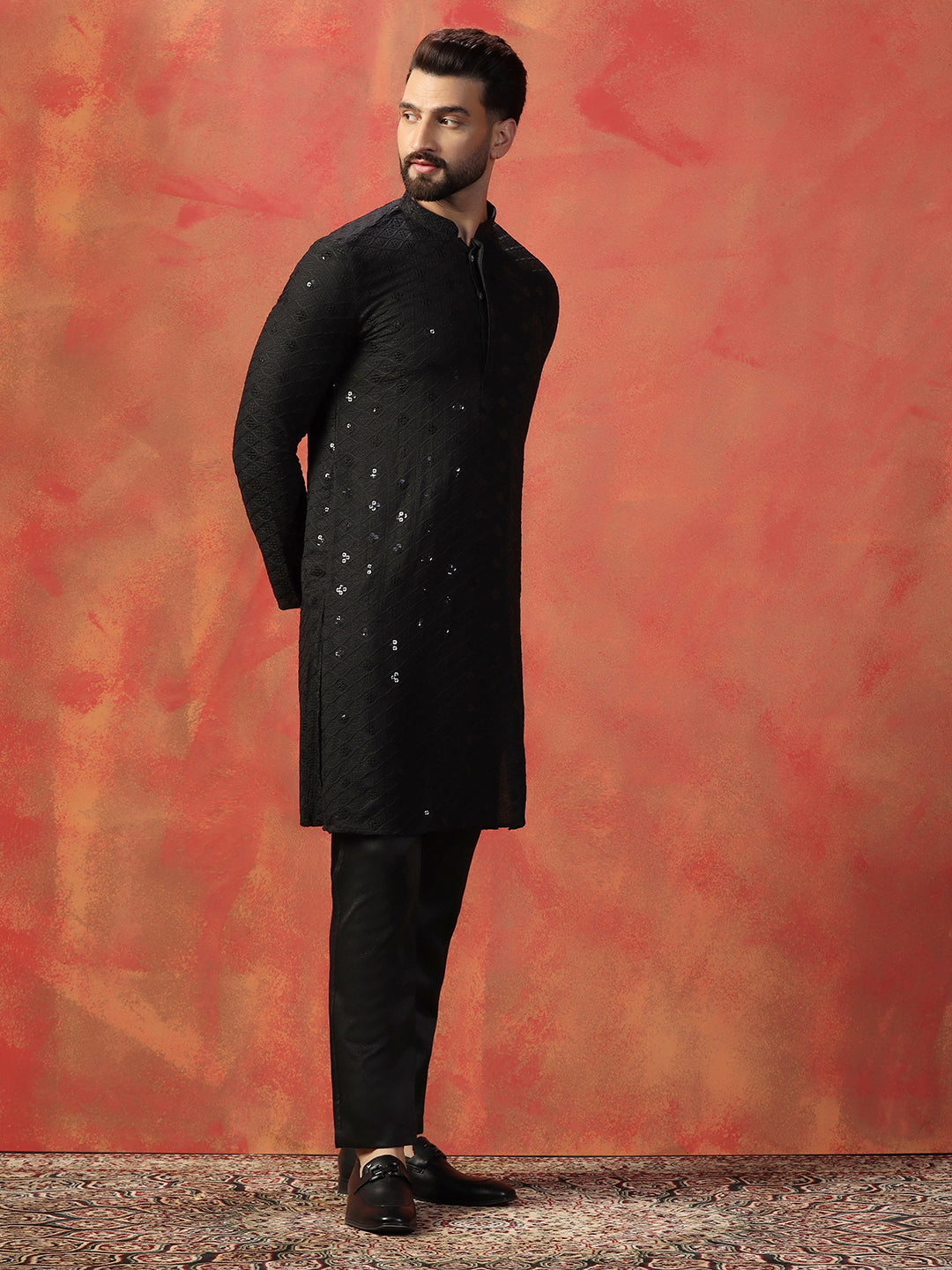 Black Embroidered Kurta For Men With Sequence Mirror Work