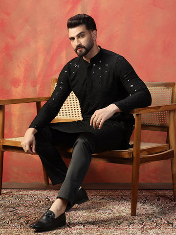 Black Embroidered Kurta Trouser Set For Men With Sequence Mirror Work