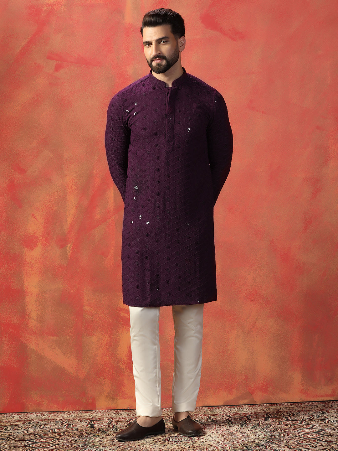 Purple Embroidered Kurta For Men With Sequence Mirror Work