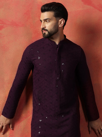 Purple Embroidered Kurta For Men With Sequence Mirror Work