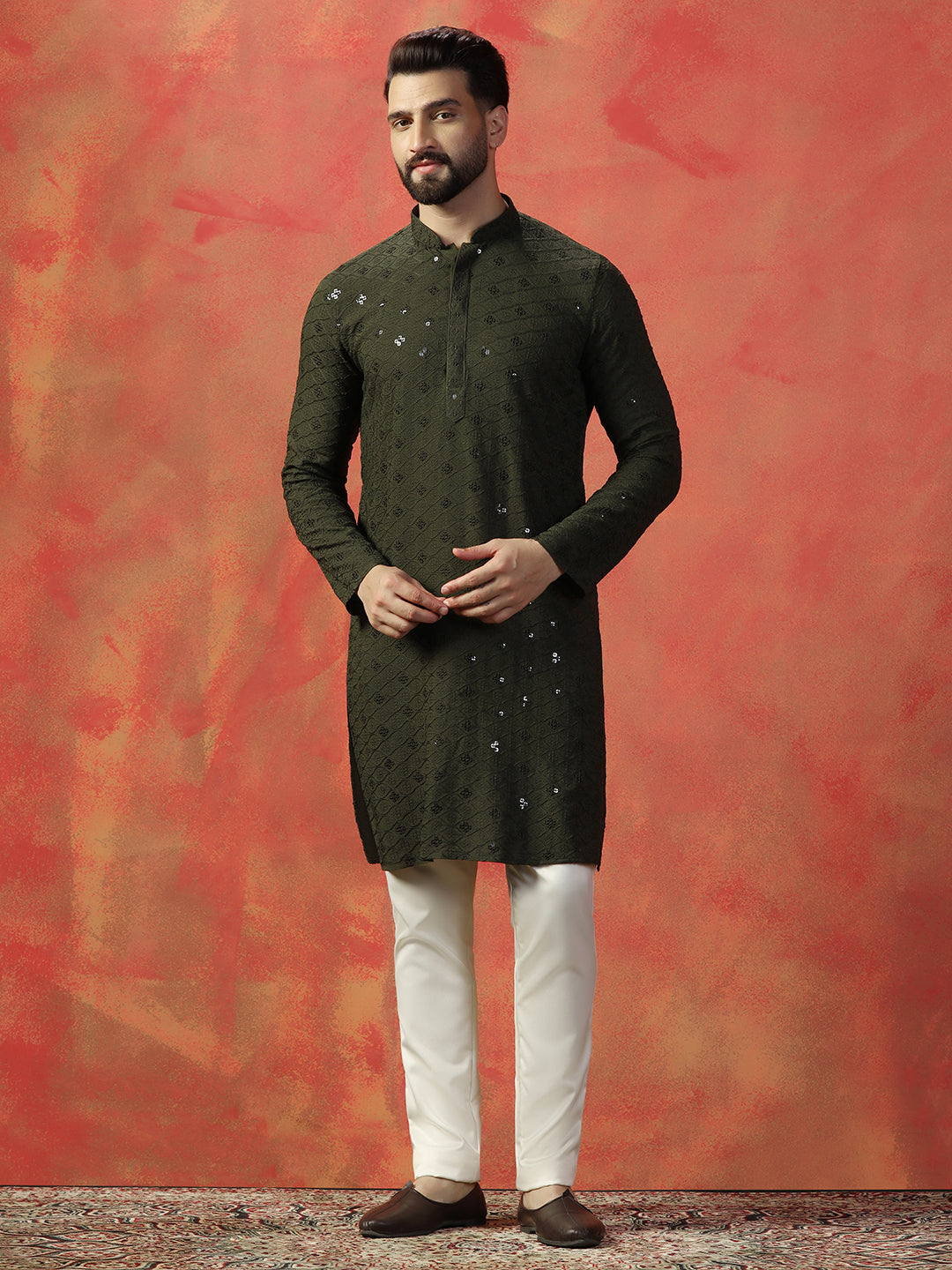 Olive Green Thread Sequence And Embroidery Kurta For Men