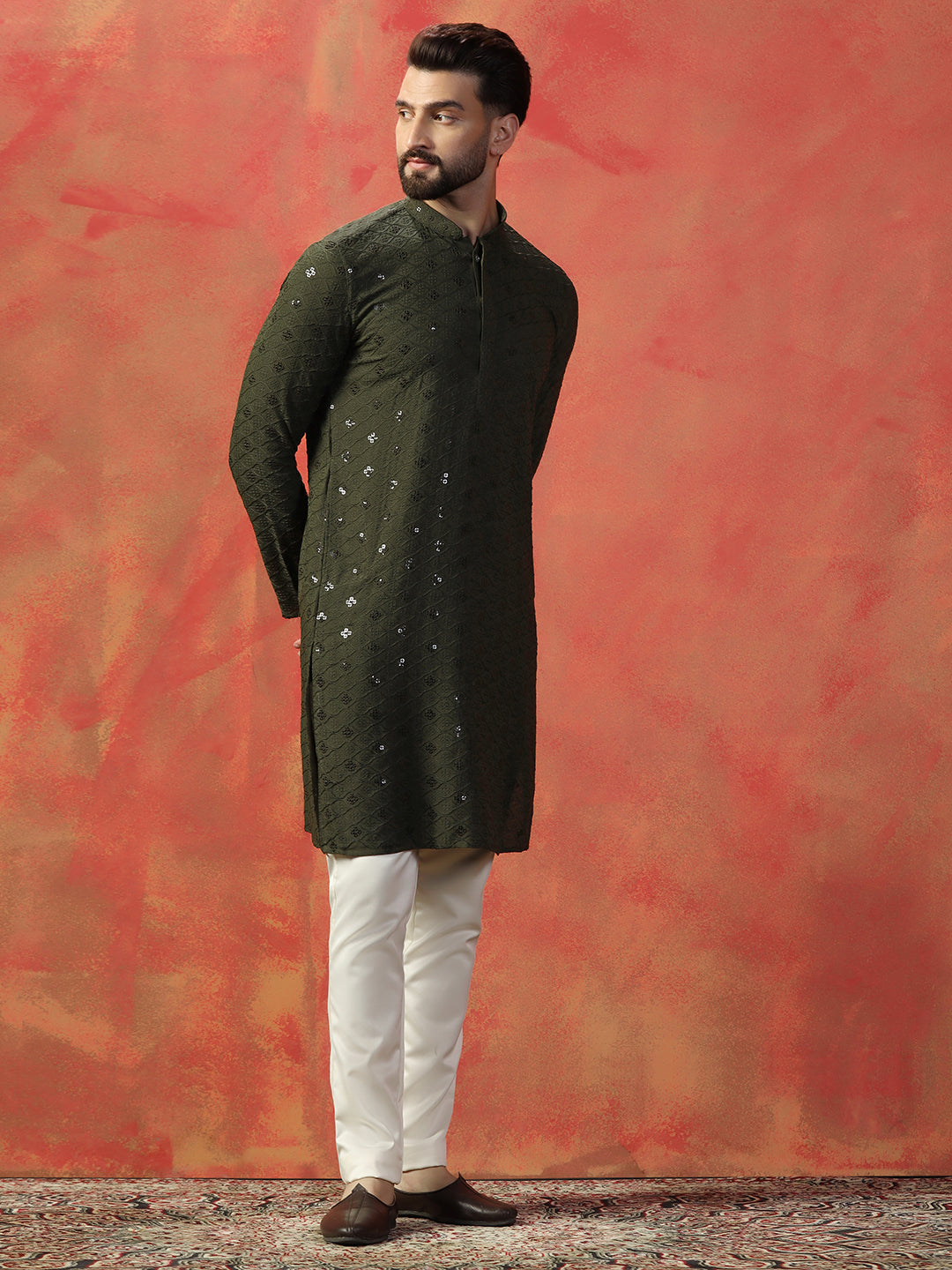 Olive Green Thread Sequence And Embroidery Kurta Trouser Set For Men
