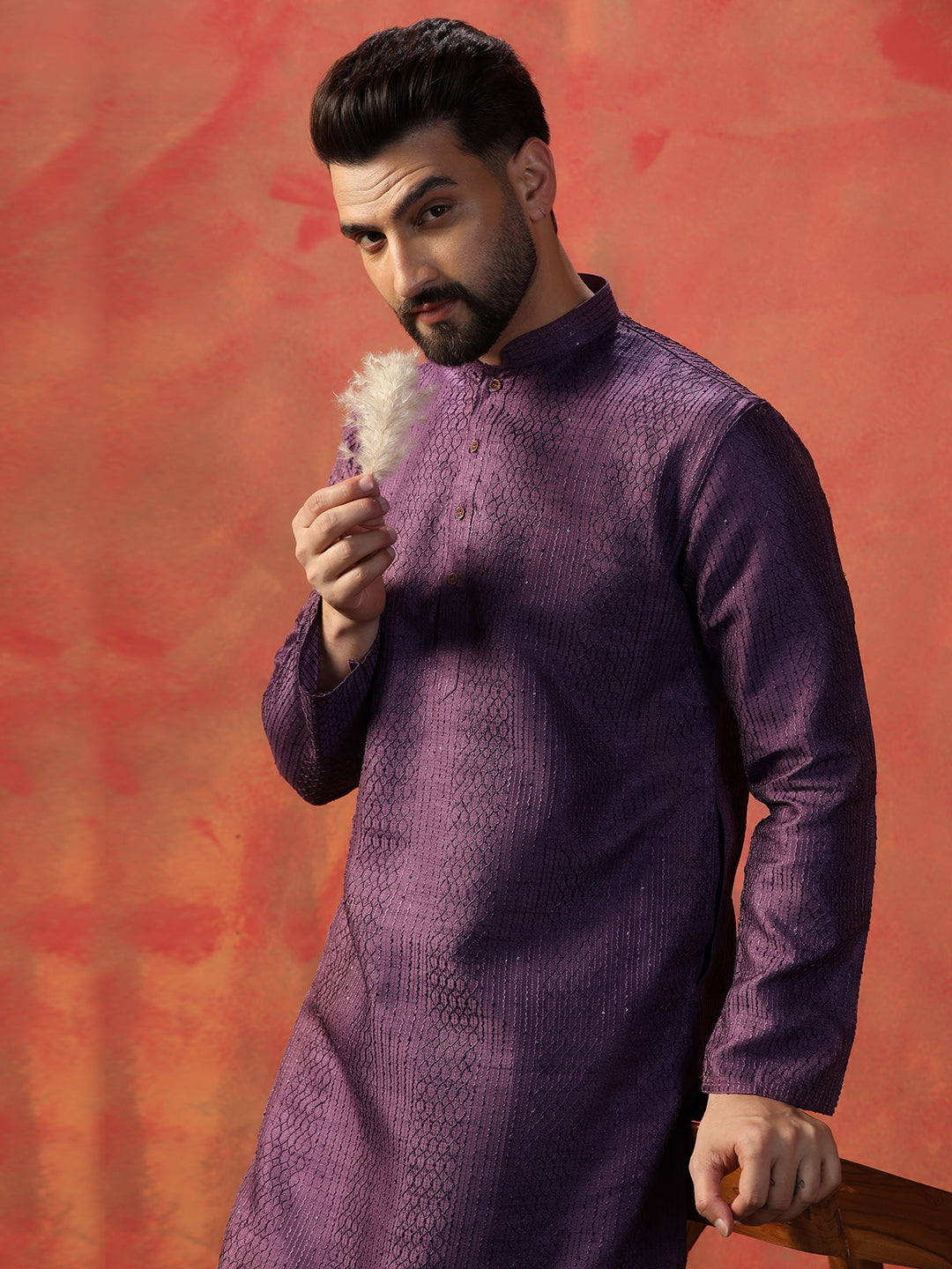 Men's Purple Kurta – Thread Work Embroidery in Premium Bangalore Silk