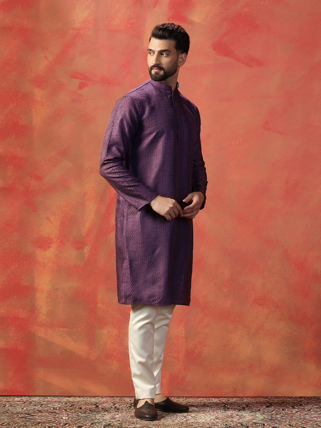 Men's Purple Kurta Trouser Set – Thread Work Embroidery in Premium Bangalore Silk