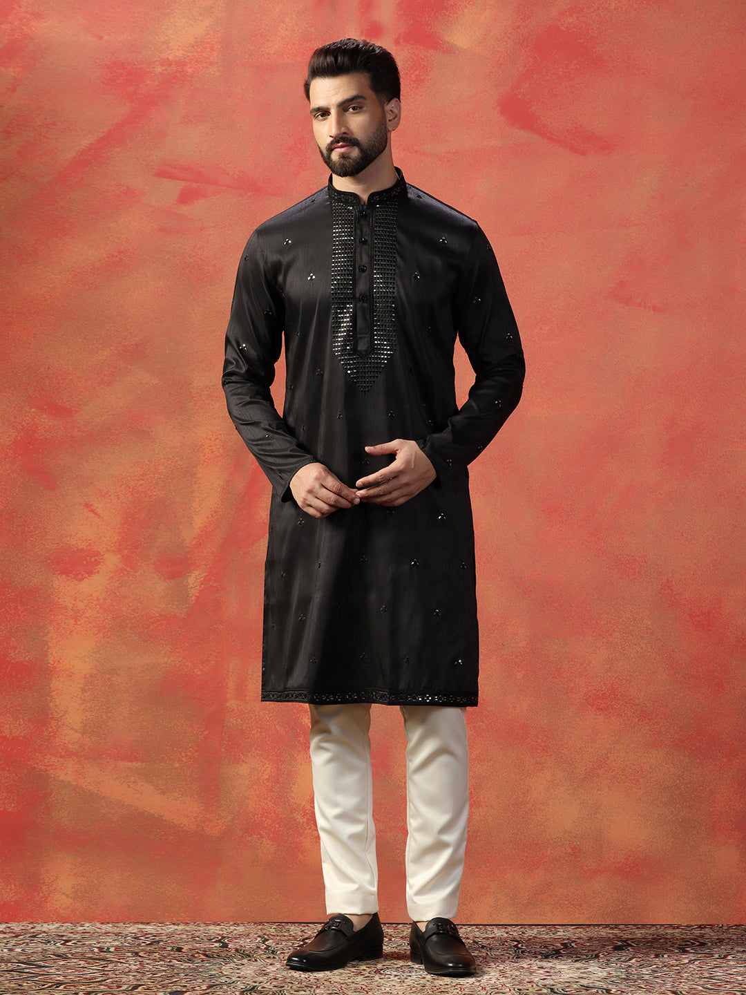 Men’s Eid Special Black Embroidered With Sequence Work Kurta For Men