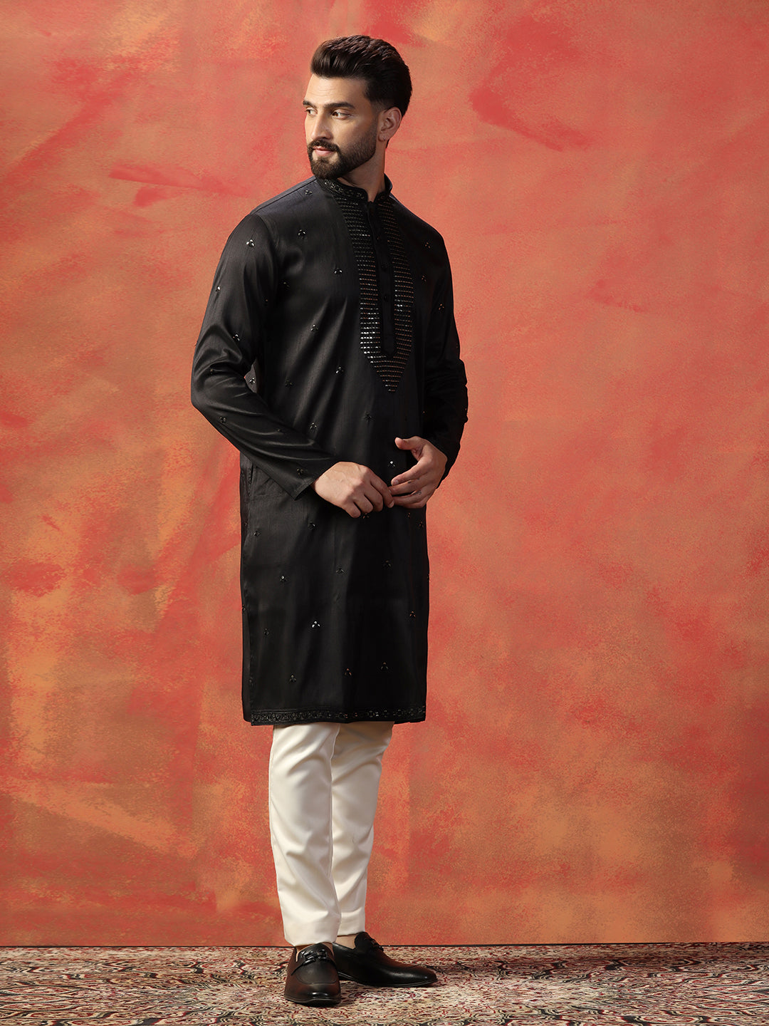Men’s Special Black Embroidered With Sequence Work Kurta Trouser Set For Men