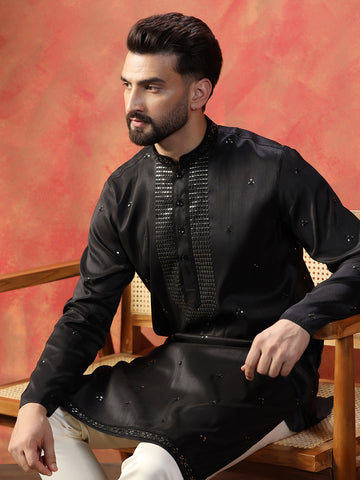 Men’s Eid Special Black Embroidered With Sequence Work Kurta For Men