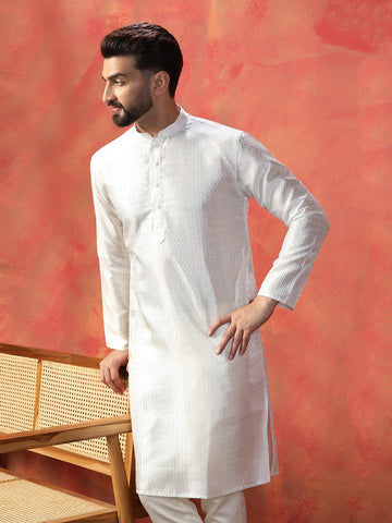 White Kurta For Men – Bangalorian Silk With White Thread Work