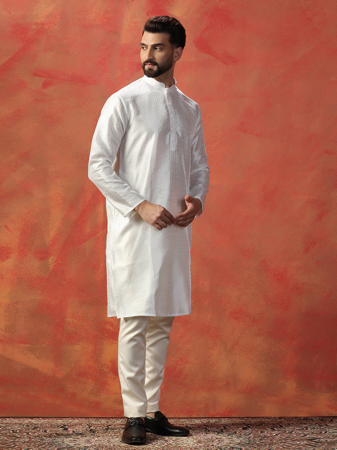 White Kurta For Men – Bangalorian Silk With White Thread Work