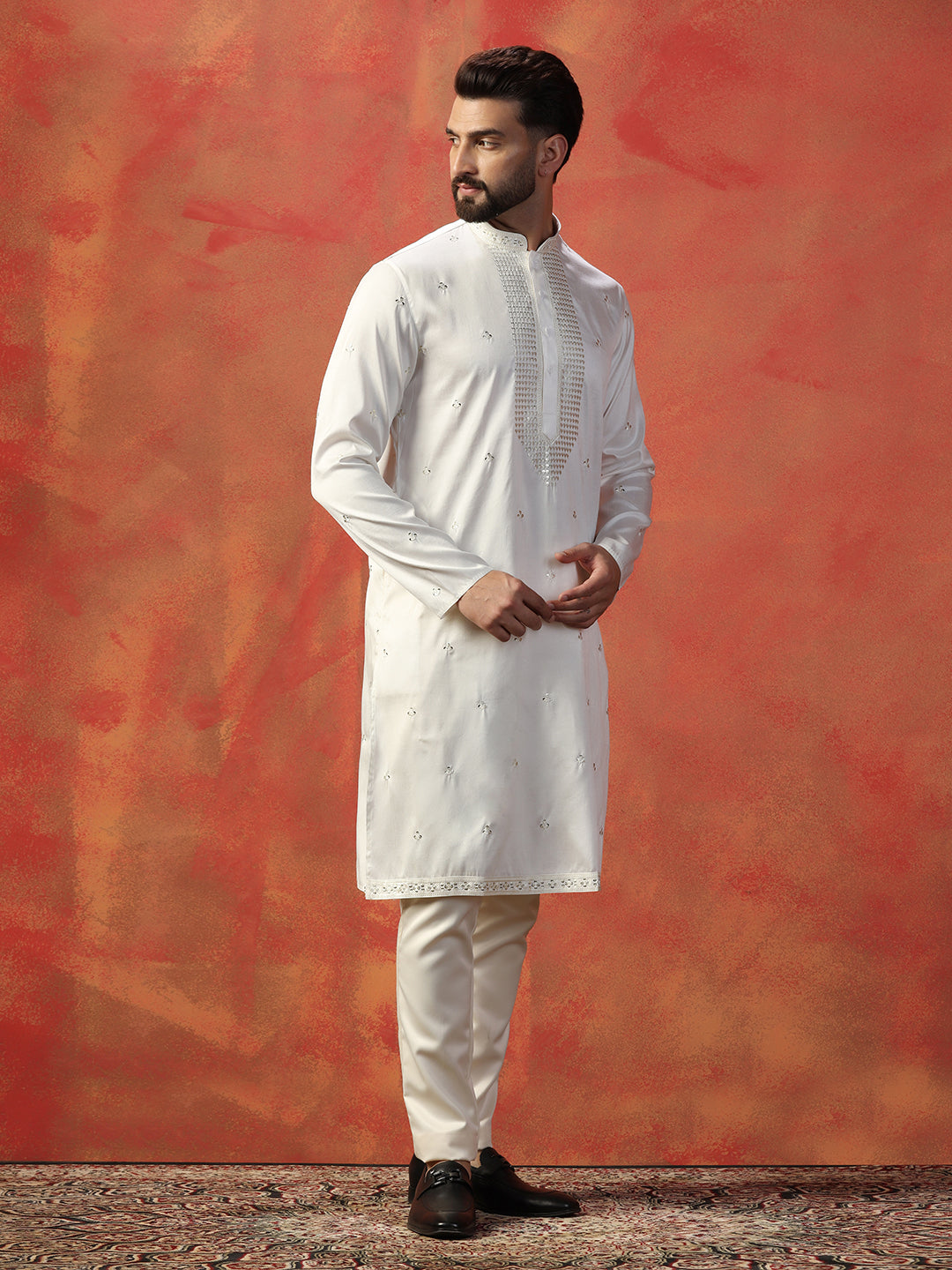 Kurta Trouser Set for Men – White Heavy Mirror Work Design with Intricate Embroidery