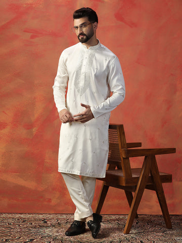 Kurta Trouser Set for Men – White Heavy Mirror Work Design with Intricate Embroidery