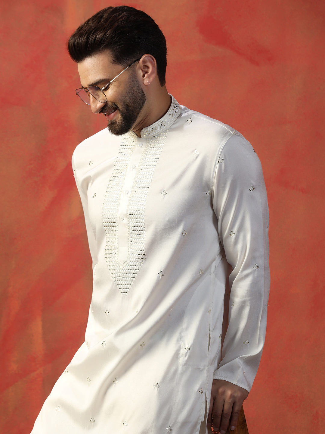 Kurta for Men – White Heavy Mirror Work Design with Intricate Embroidery