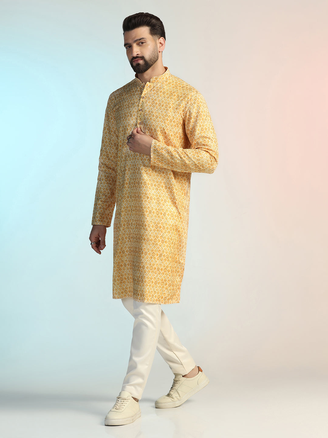 Ethnic Geometric Print Yellow Kurta For Men