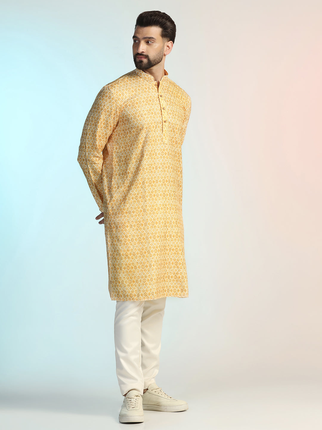 Men Yellow Digital Print Kurta Trouser Set