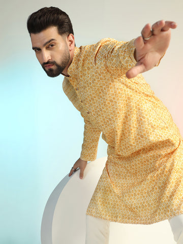 Ethnic Geometric Print Yellow Kurta For Men