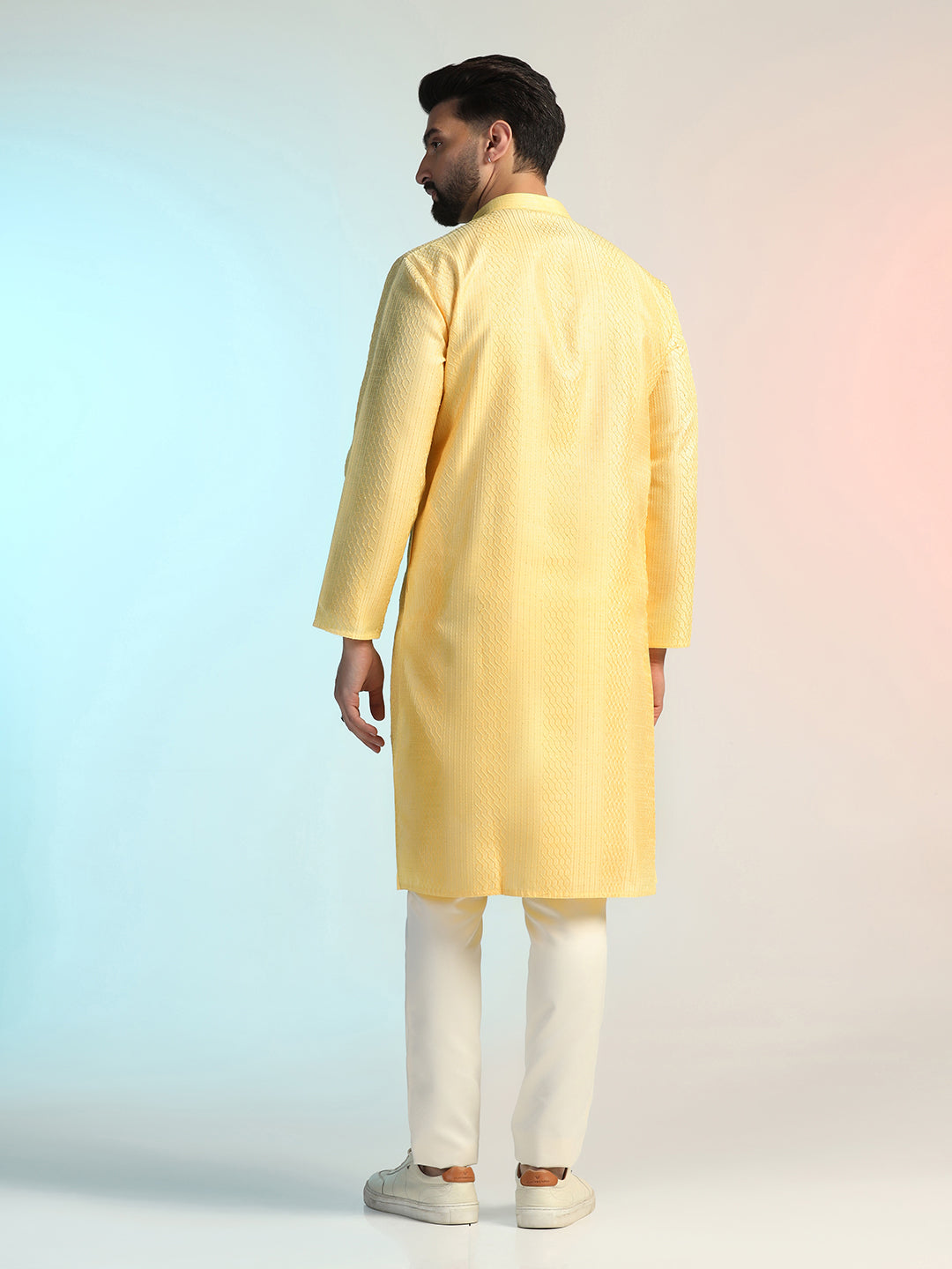 Lemon Yellow Bangalore Silk Kurta For Men with Thread Embroidery