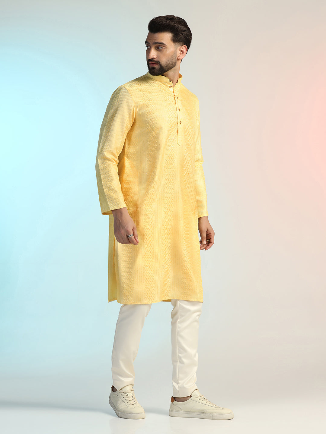 Lemon Yellow Bangalore Silk Kurta Trouser Set For Men with Thread Embroidery