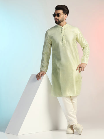Green Thread Embroidery Kurta Trouser Set in Bangalore Silk