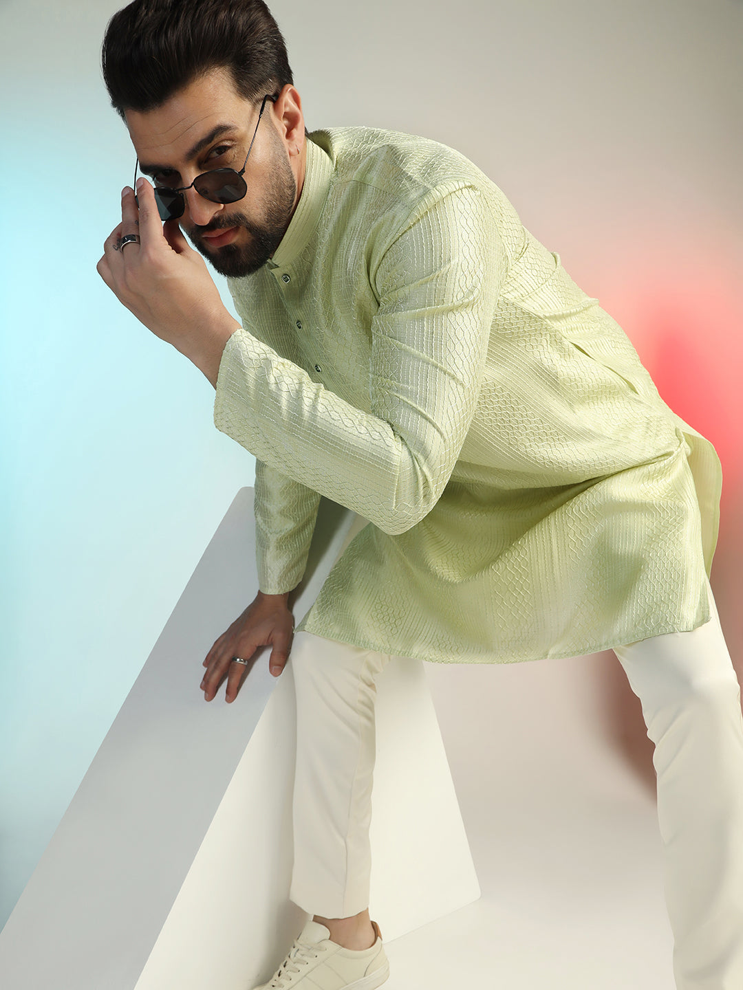 Green Thread Embroidery Kurta in Bangalore Silk