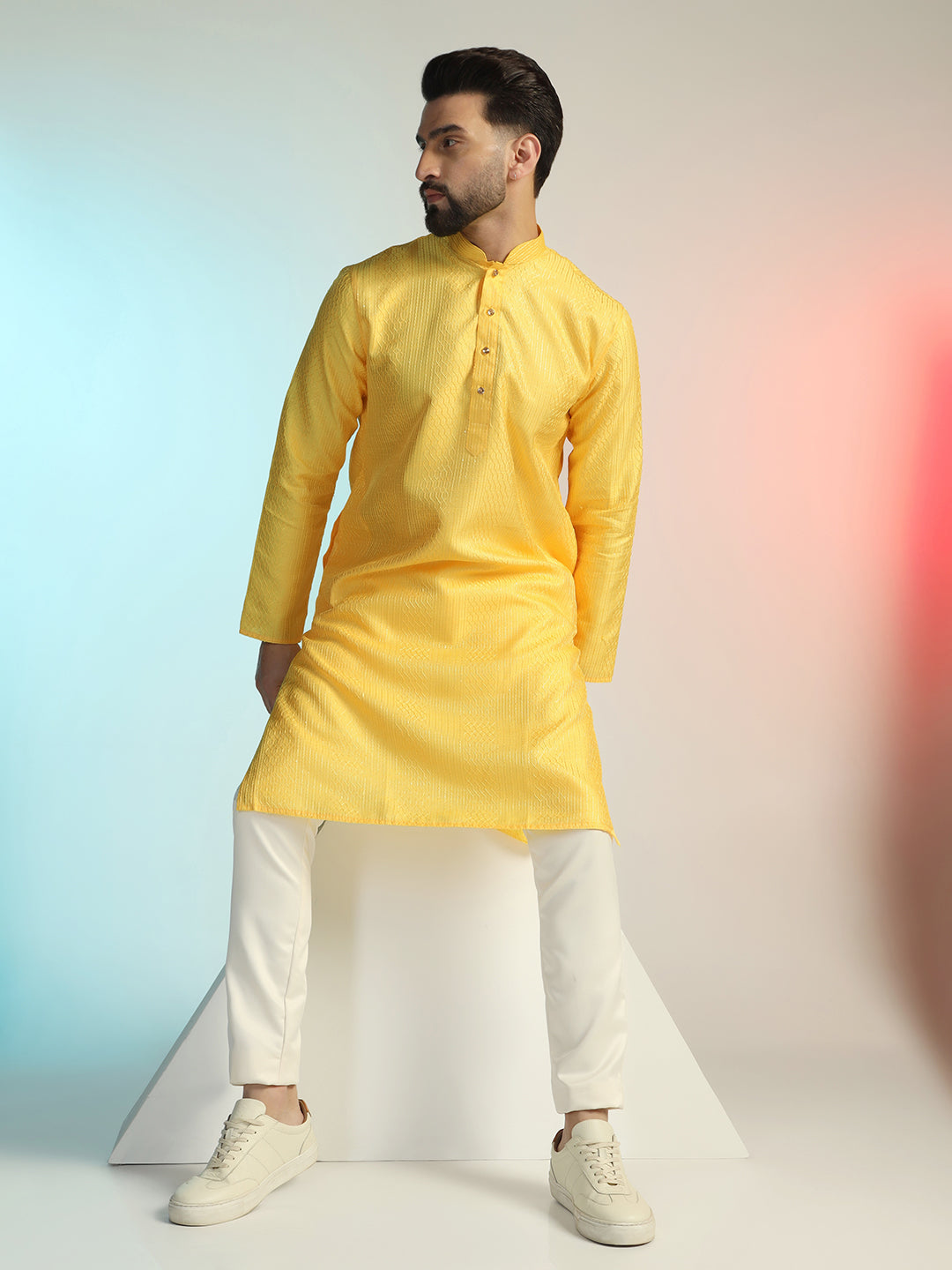 Yellow Kurta For Men – Bangalorian Silk With Yellow Thread Work