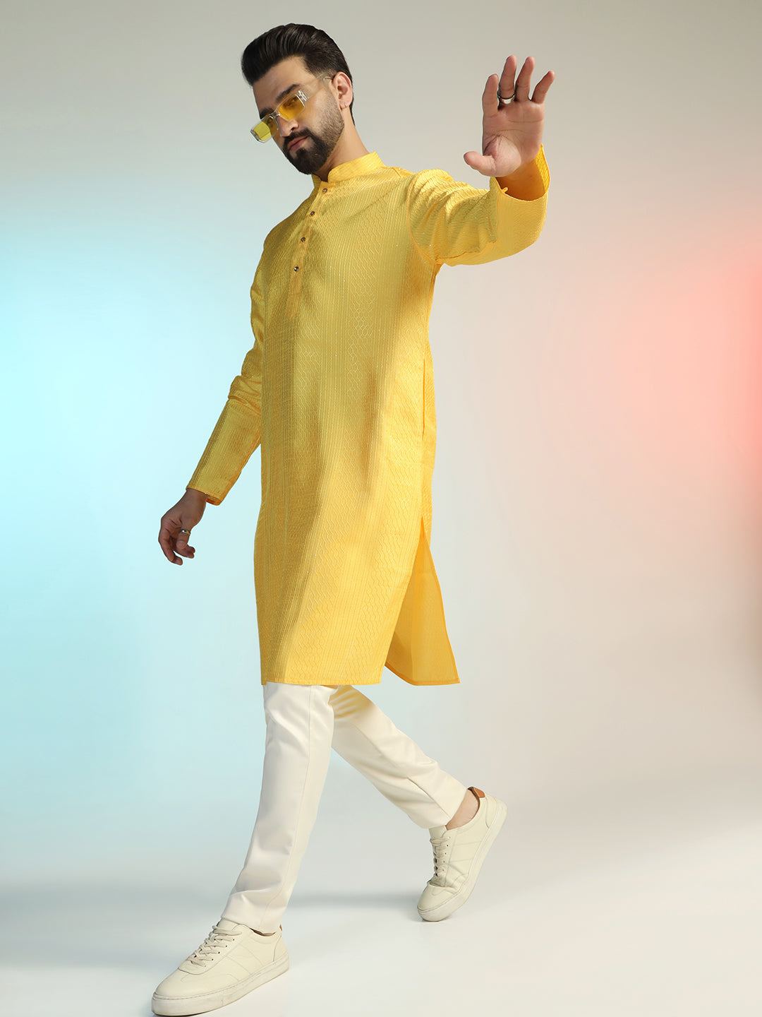 Yellow Kurta Trouser Ser For Men – Bangalorian Silk With Yellow Thread Work