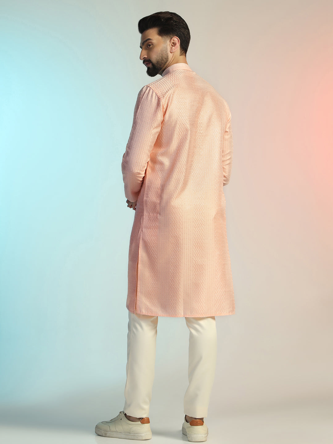 Peach Color Kurta Trouser Set For Men – Thread Work Embroidery On Premium Silk