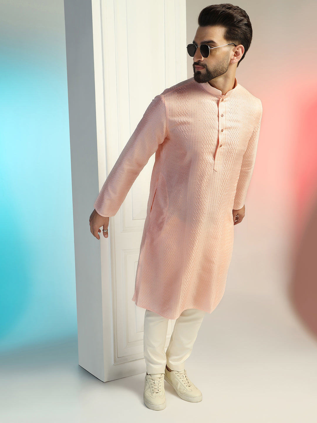 Peach Color Kurta For Men – Thread Work Embroidery On Premium Silk