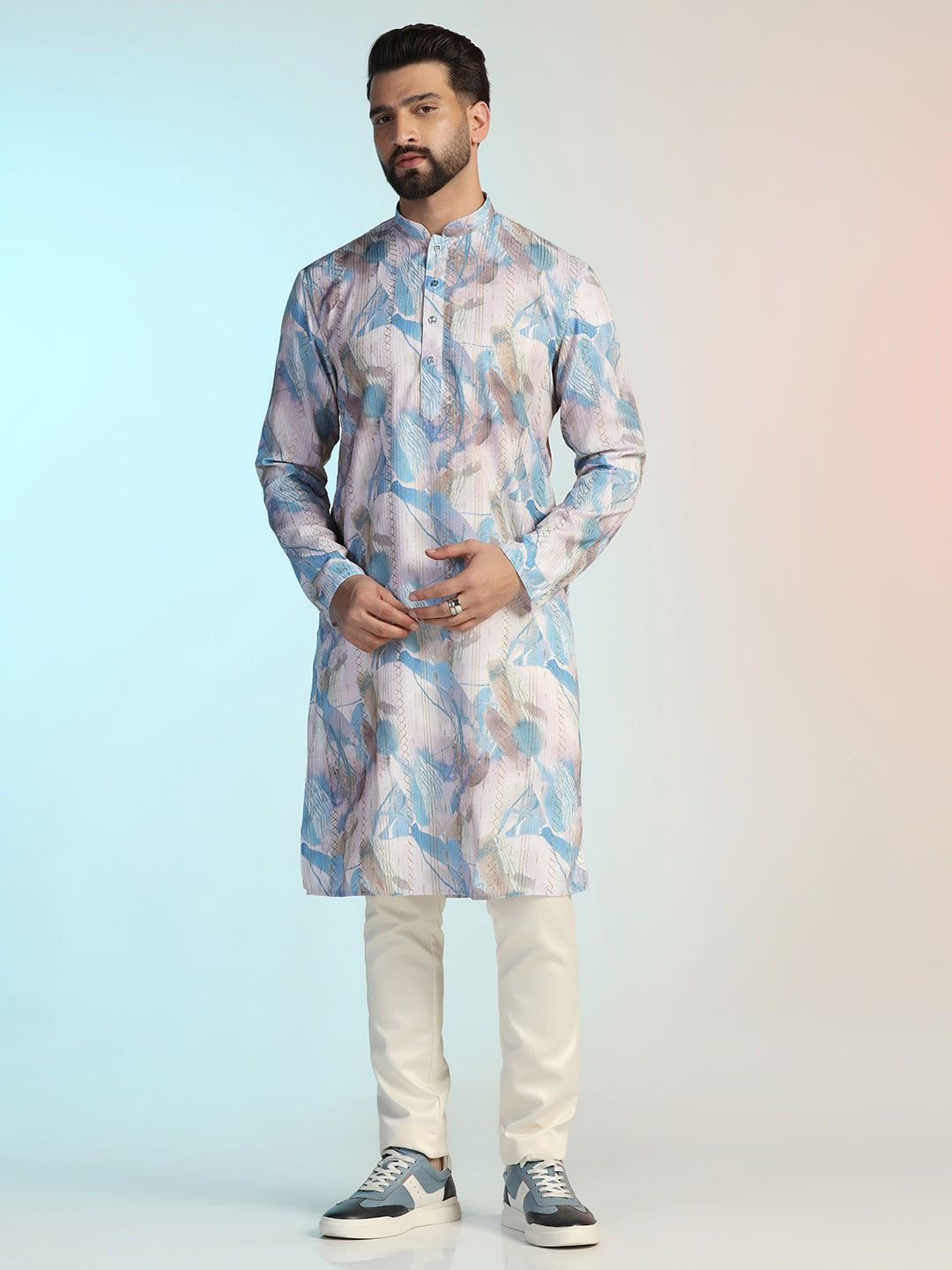 Abstract Printed Art with Gold Embroidery Blue Kurta For Men