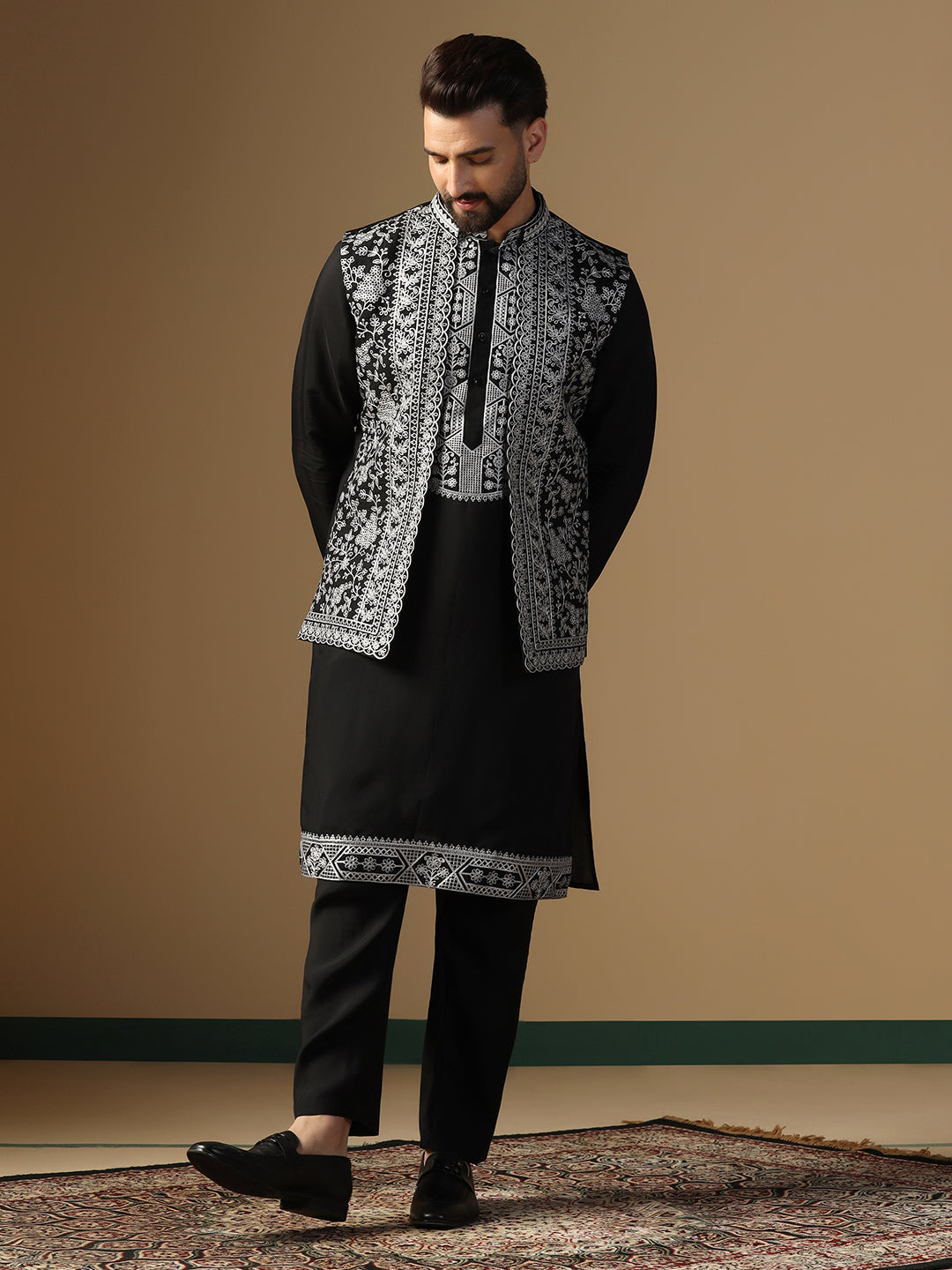 Men Black Embroidery Work Kurta Koti Set