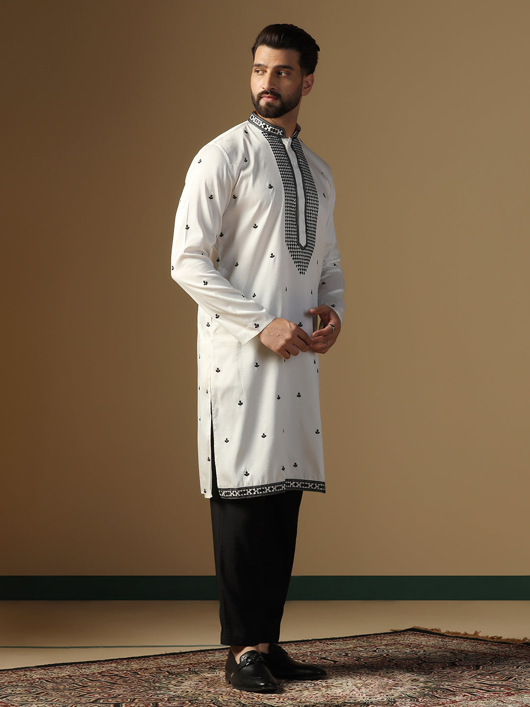 Heavy Embroidered Kurta Trouser Set for Men With White and Black Detailing