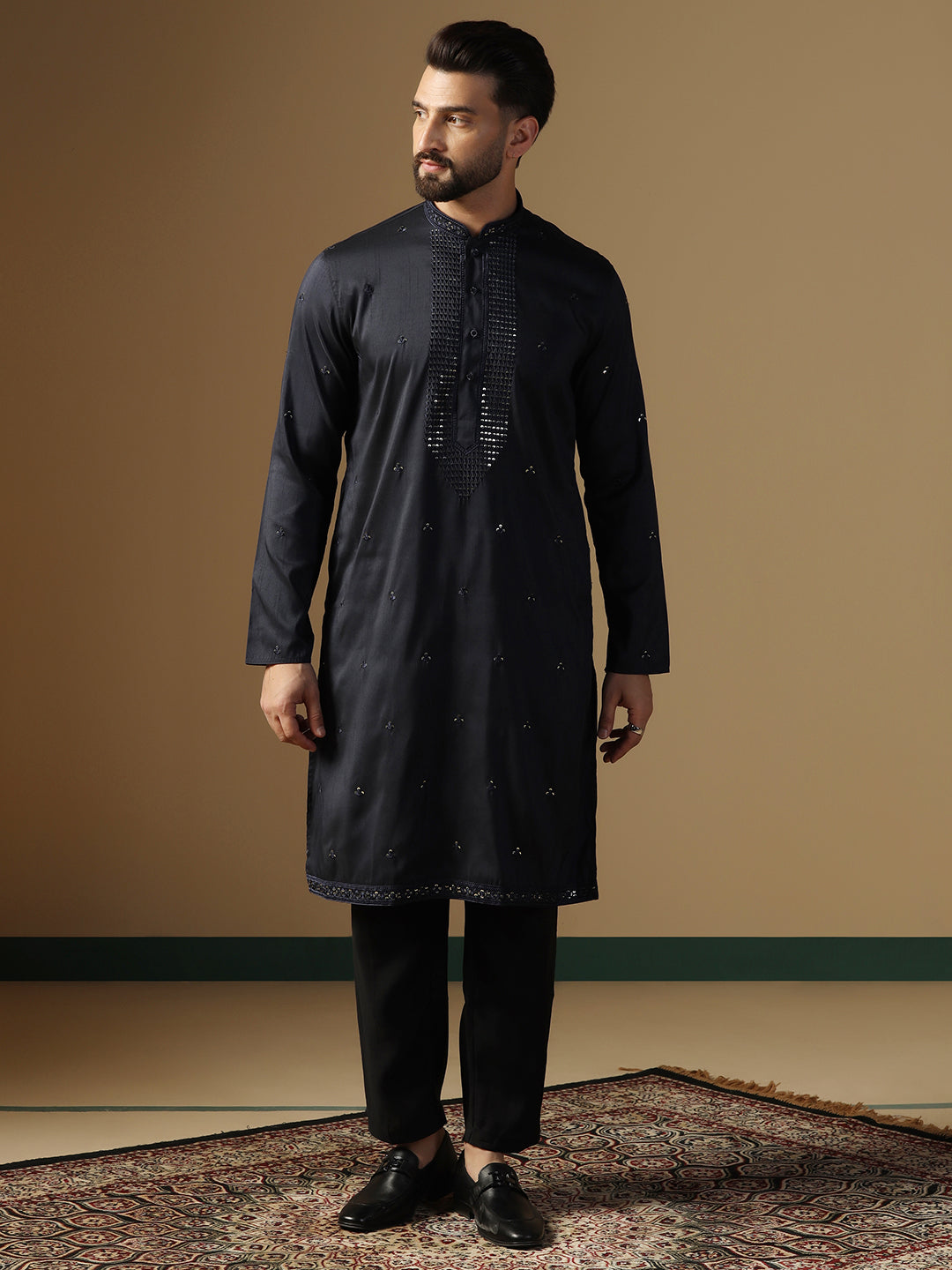 Traditional Heavy Embroidery On Neck With Mirror Work Kurta In Black For Men