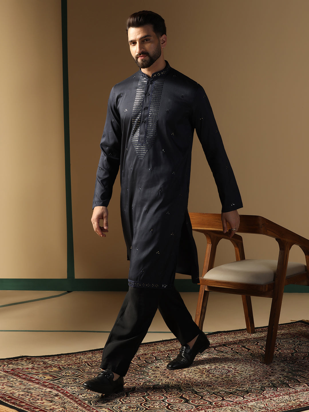 Traditional Heavy Embroidery On Neck With Mirror Work Kurta Trouser Set In Black For Men