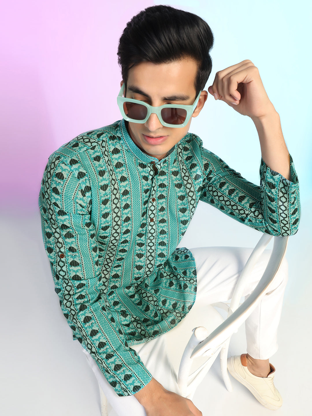 Green Rayon Printed Short Kurta For Men – Modern Ethnic Elegance