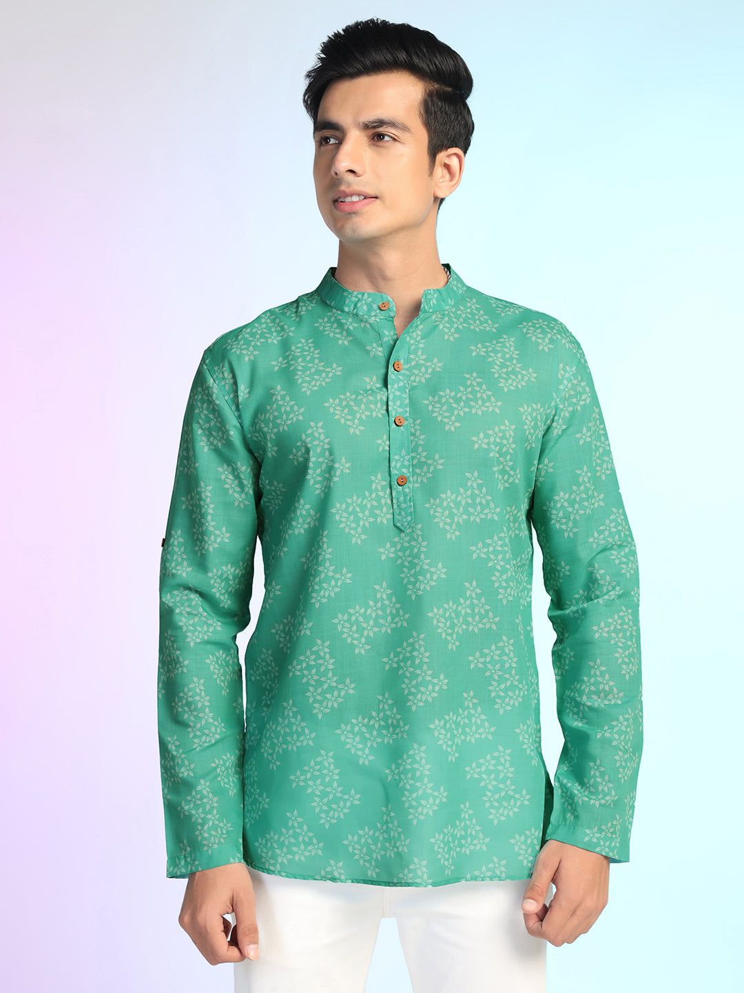 Green Rayon Printed Short Kurta For Men – Elegant & Comfortable Ethnic Fusion Wear