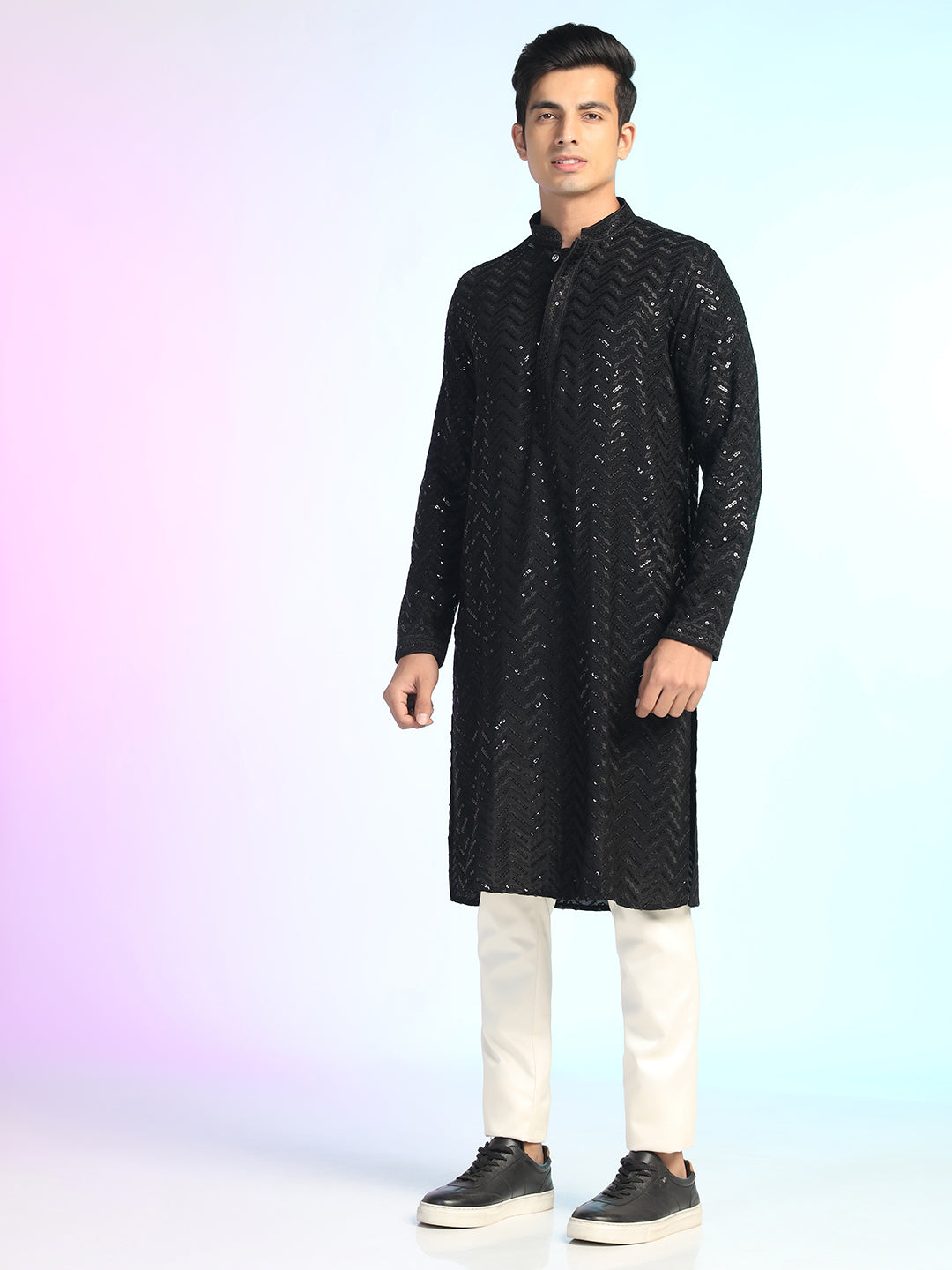 Black Heavy Sequin Work Kurta For Men