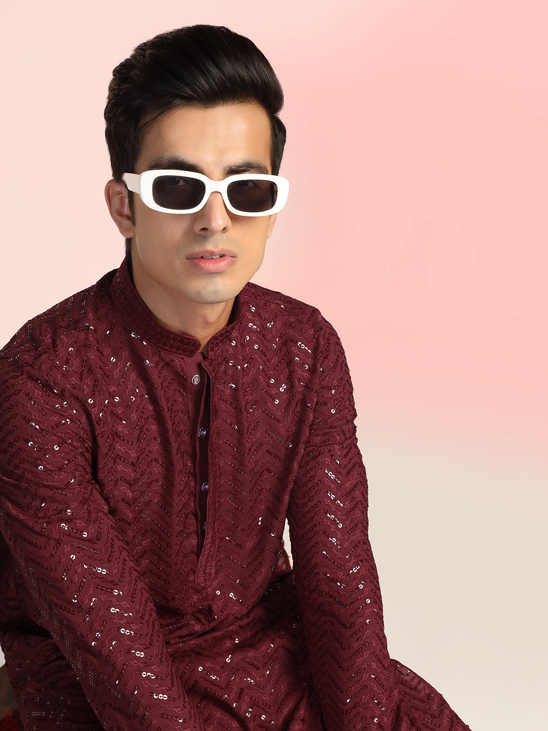 Maroon Heavy Sequin Work Kurta For Men