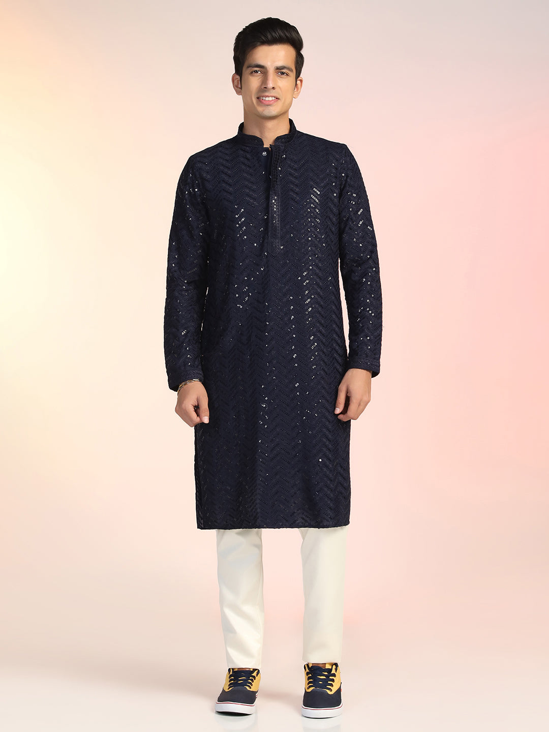 Navy Blue Heavy Sequin Work Kurta For Men