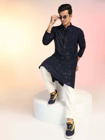 Navy Blue Heavy Sequin Work Kurta For Men