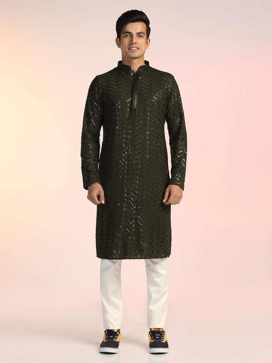 Olive Green Heavy Sequin Work Kurta For Men