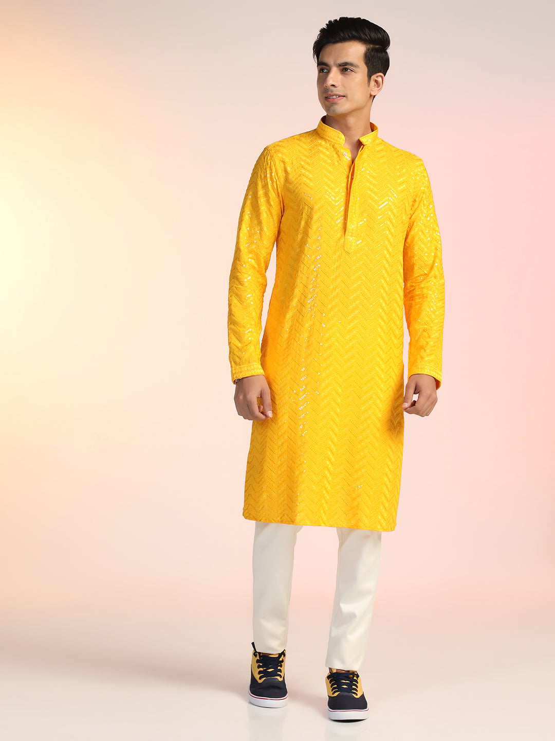 Yellow Heavy Sequin Work Kurta For Men
