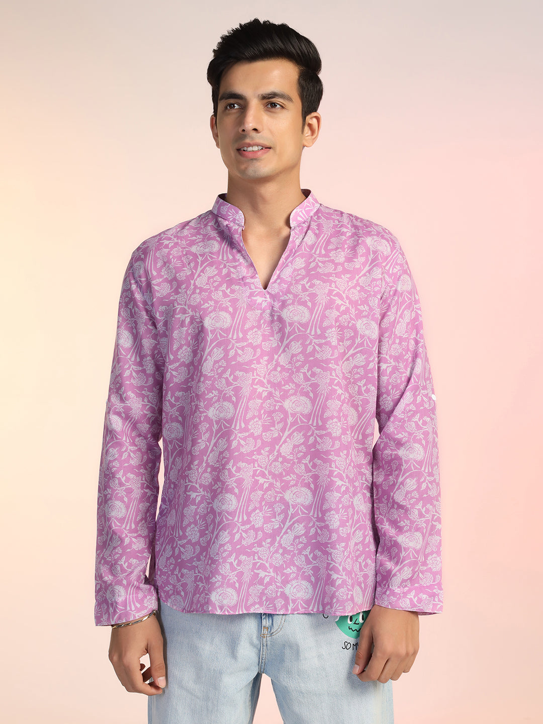 Pink Rayon Printed Short Kurta For Men – Light, Stylish & Versatile