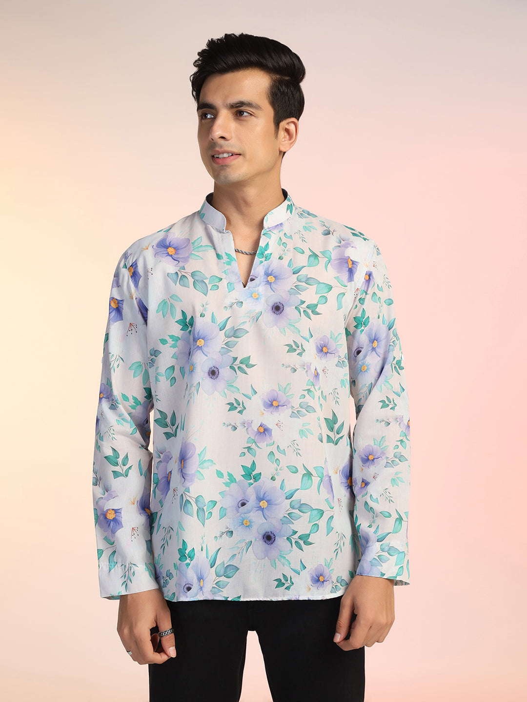 White & Blue Floral Print Rayon Short Kurta For Men