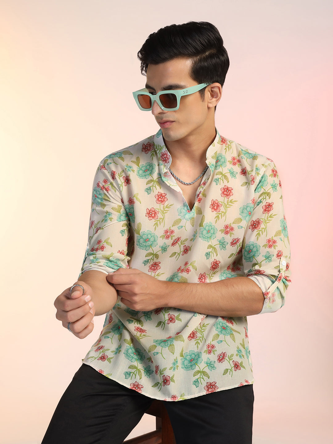 Stylish Beige Short Kurta with Floral Design & Roll-Up Sleeves