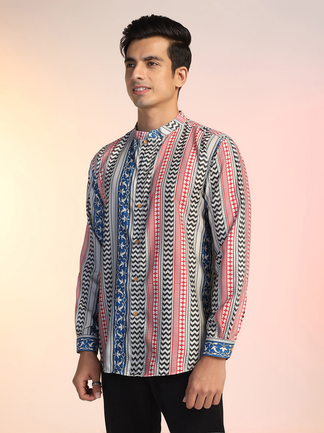 Multicolor Striped & Geometric Print Shirt For Men