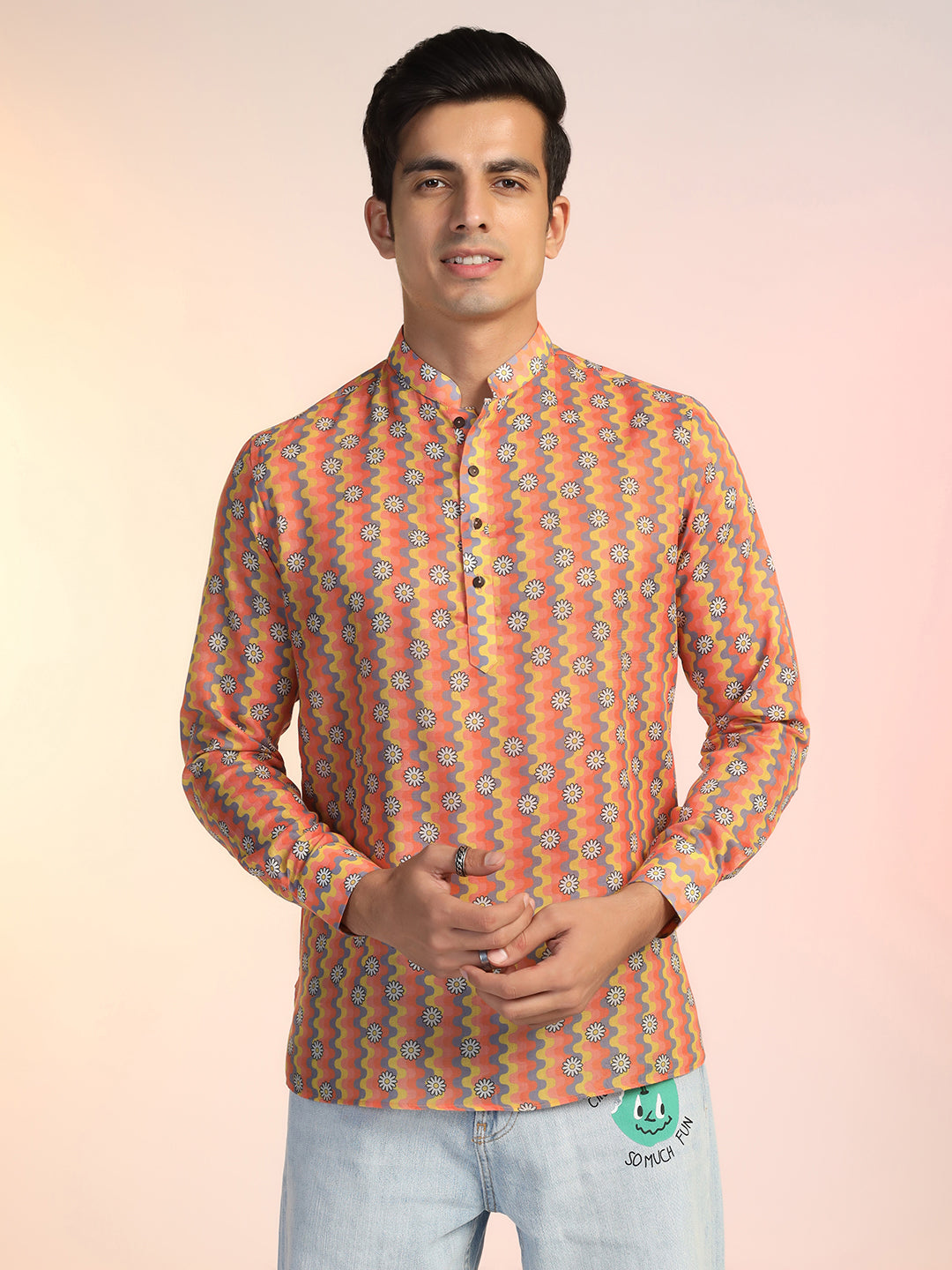 Men’s Orange Geometric & Floral Print Short Kurta